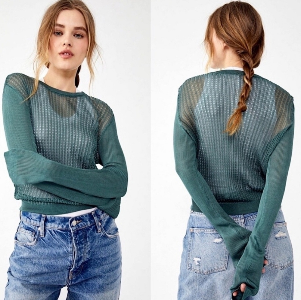 Free People H2O Crew Open Stitch Knit Long Sleeve Top Jade Green XS NWT Boho - Picture 3 of 13
